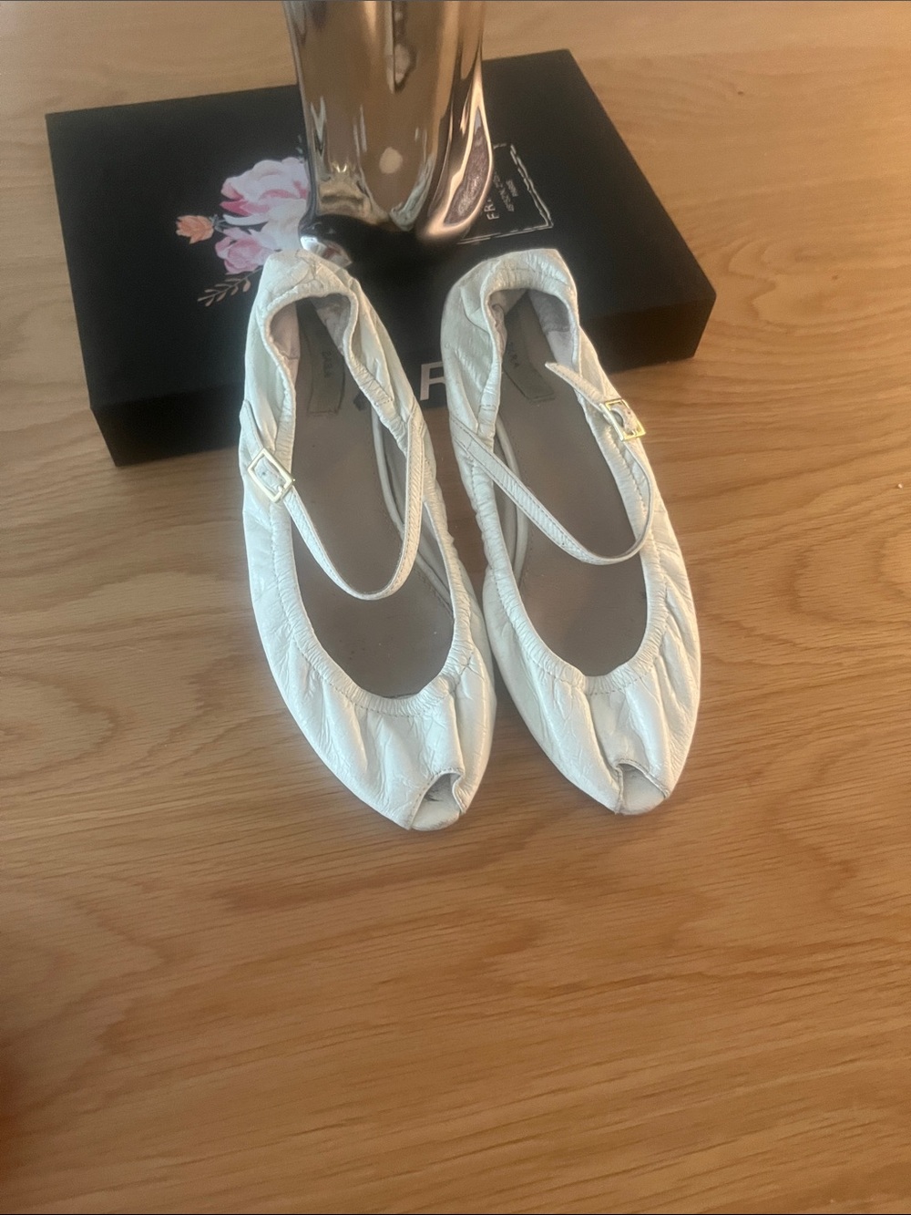 Zara White Ruched Mary Jane Flats with Buckle Strap